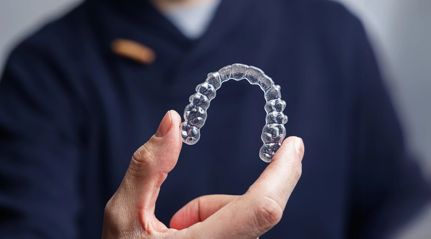 clear aligner on a man's hand